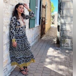 Zara Tunic Dress Chest Embroidery Long Dress Black Multi